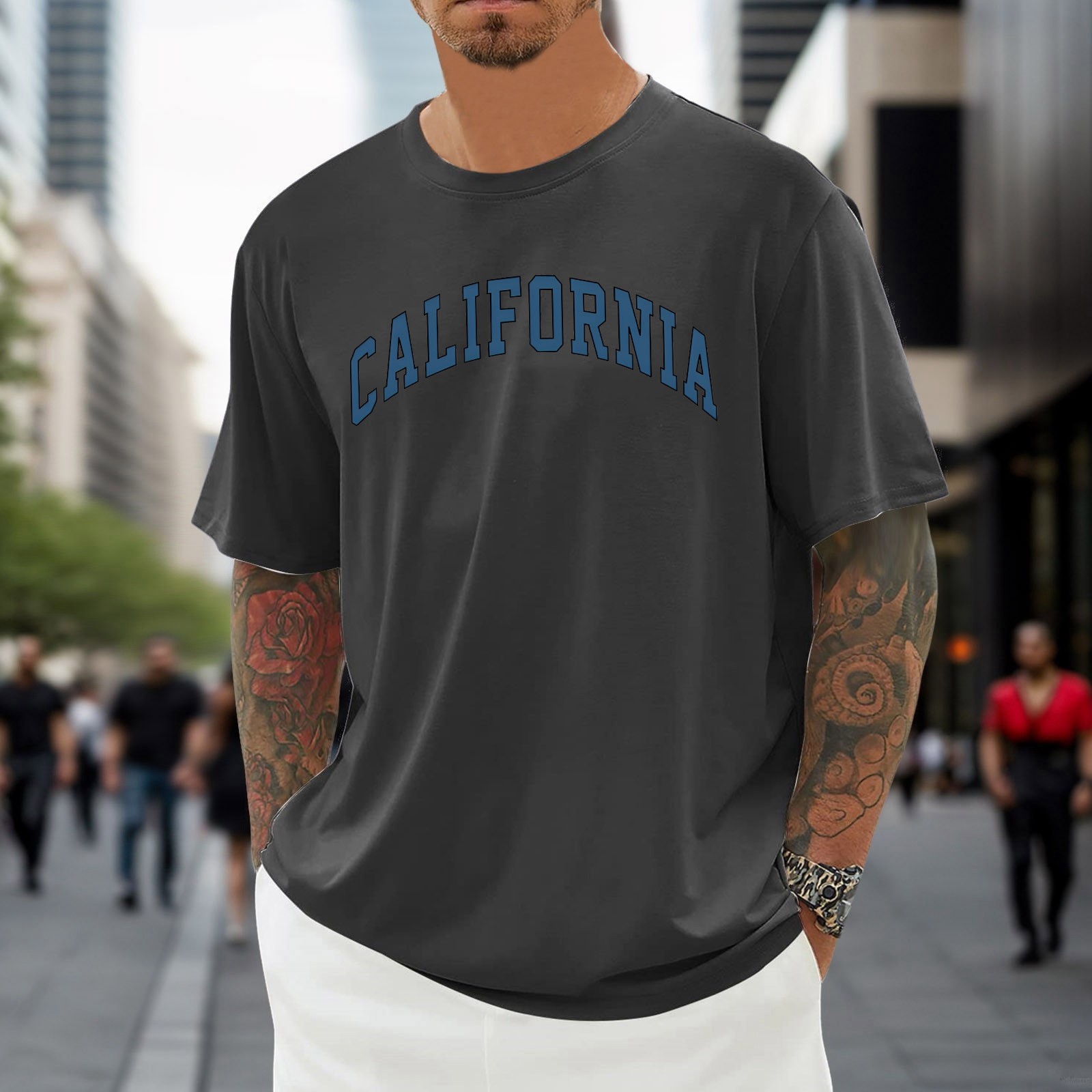 thumbnail image 3 of Camiseta oversize de verano para hombre - Cuello redondo y manga corta con estampado urbano - Camiseta deportiva holgada e informal, 3 of 5